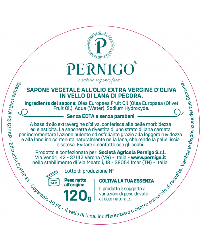 Sapone artigianale all'olio extra vergine d'oliva rivestita in vello di lana di pecora PERNIGO