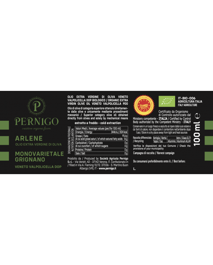 Arlene Olio EVO monocultivar DOP Veneto Valpolicella BIO - 100ml PERNIGO Arlene Olio EVO monocultivar DOP Veneto Valpolicella BIO - 100ml PERNIGO